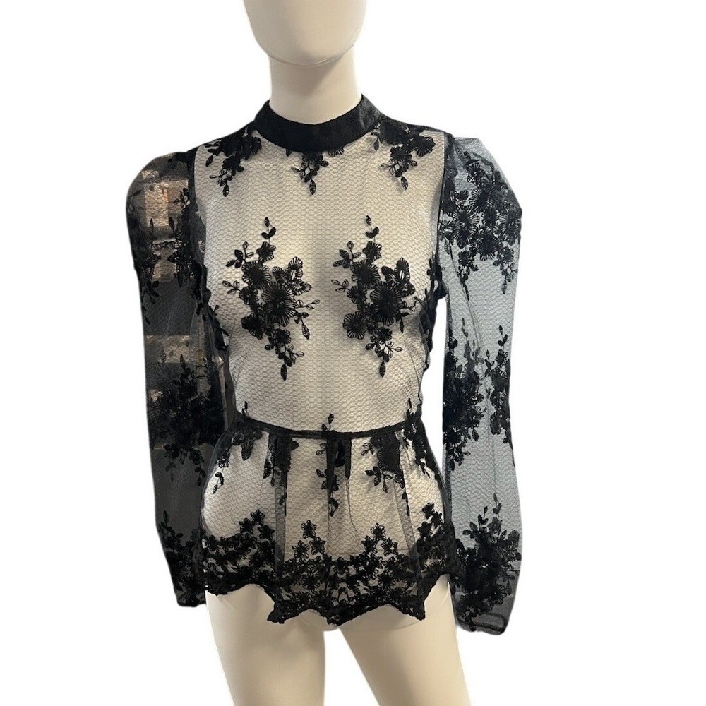 Sheer Black Lace Top Peplum Floral Embroidered Size M Whimsigoth‎ Grunge Witchy